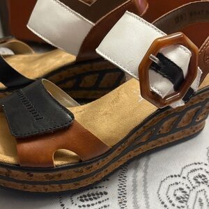 Rieker Tri-Tone Wedge Sandals in White, Black & Brown